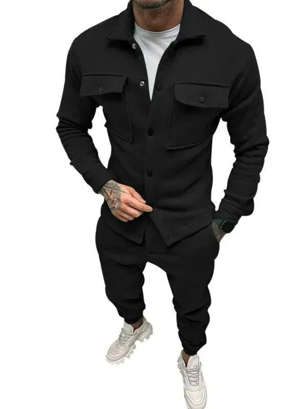 Men Stylish Buttoned Jogger Two-Piece Set - Solid Jogger Two-Piece Set - LeStyleParfait