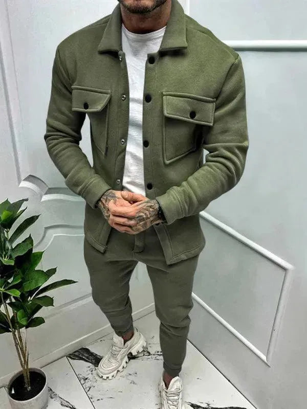 Men Stylish Buttoned Jogger Two-Piece Set - Solid Jogger Two-Piece Set - LeStyleParfait