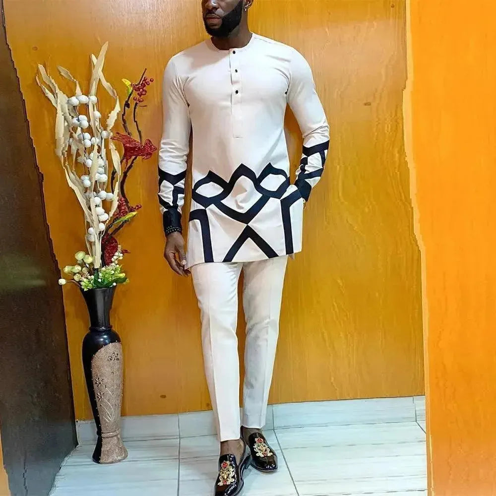 Men Stylish Patchwork African Two-Piece Set - Colorblock Pants Two-Piece Set - LeStyleParfait