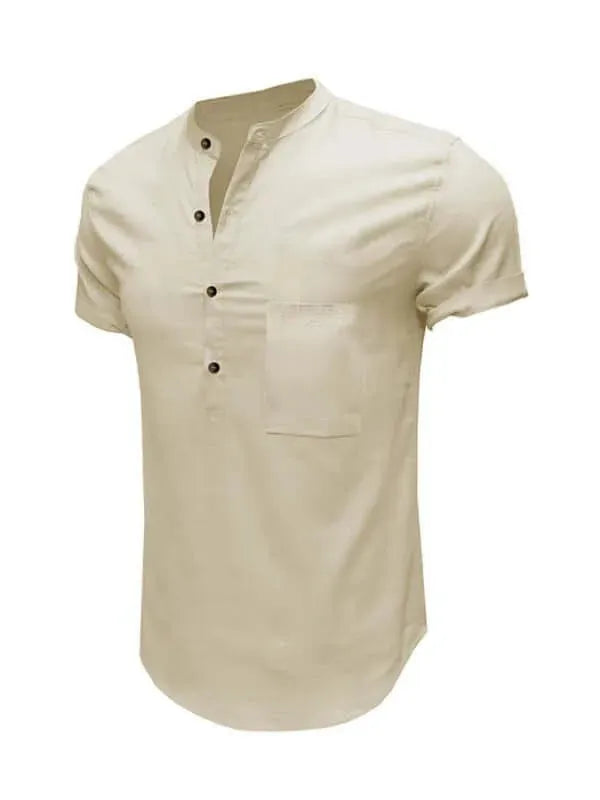 Men's Buttoned Short Sleeve Linen Shirt-Men Shirts-LeStyleParfait