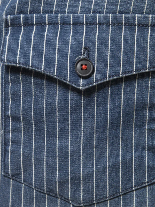 Men's Distressed Striped Denim Shirt-Men Shirts-LeStyleParfait