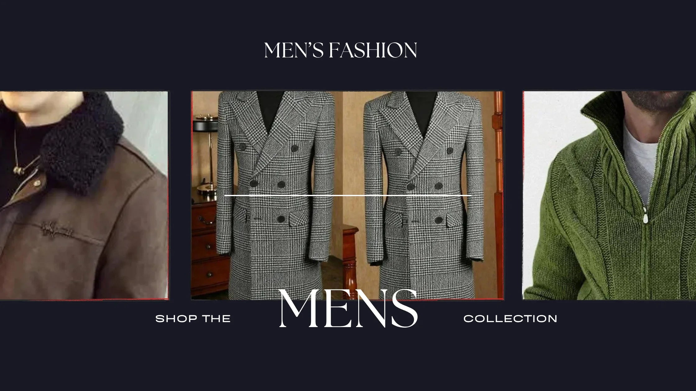 Promotional banner for men's fashion with images of coats and a call to shop the collection.