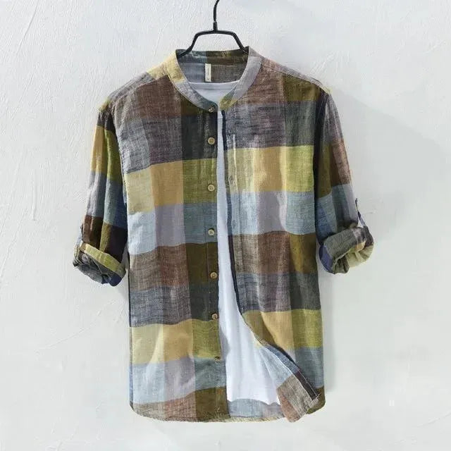 Men's Plaid Linen Casual Shirt-Men Shirts-LeStyleParfait fashion image