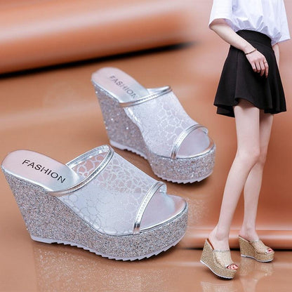 Mesh Platform Slip On Wedge Sandals - Wedge Shoes - LeStyleParfait