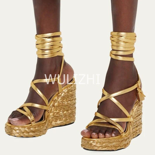Open Toe Long Strap Wedge Sandals - Wedge Shoes - LeStyleParfait