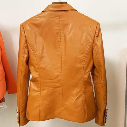 Orange Leather Blazer Women - Formal-Business - Plain-Solid - Leather Blazer - LeStyleParfait