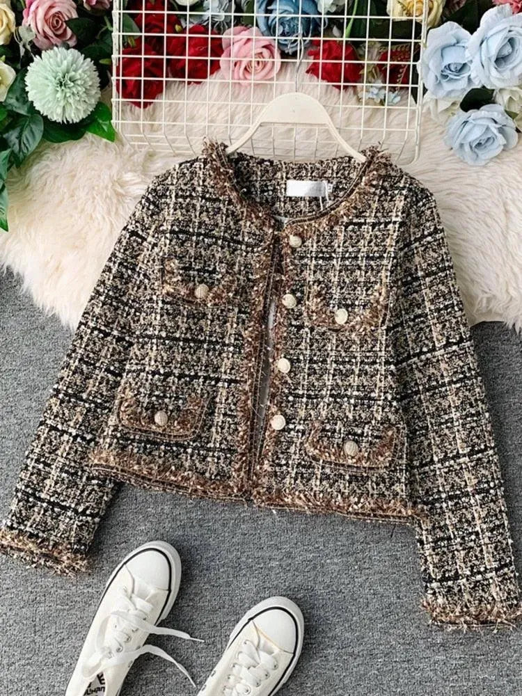 Patchwork Vintage Cropped Tweed Jacket Women - Tweed Blazer - LeStyleParfait