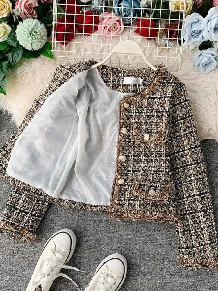 Patchwork Vintage Cropped Tweed Jacket Women - Tweed Blazer - LeStyleParfait