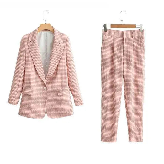 Peach Plaid Two Piece Pantsuit - Pantsuit - LeStyleParfait