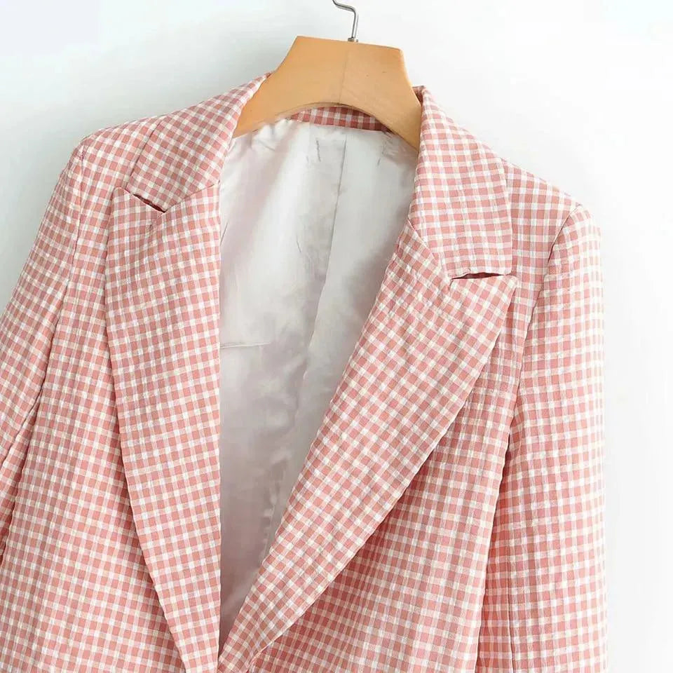 Peach Plaid Two Piece Pantsuit - Pantsuit - LeStyleParfait