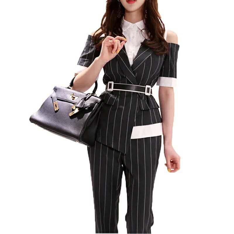 Pinstriped Black-White Pantsuits - Women Pant Suit - LeStyleParfait