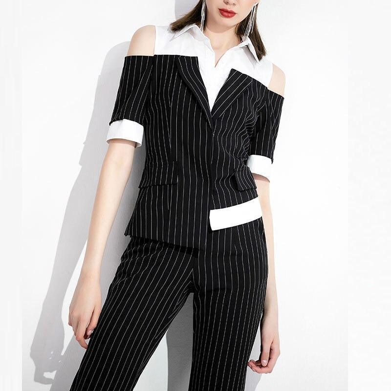 Pinstriped Black-White Pantsuits - Women Pant Suit - LeStyleParfait