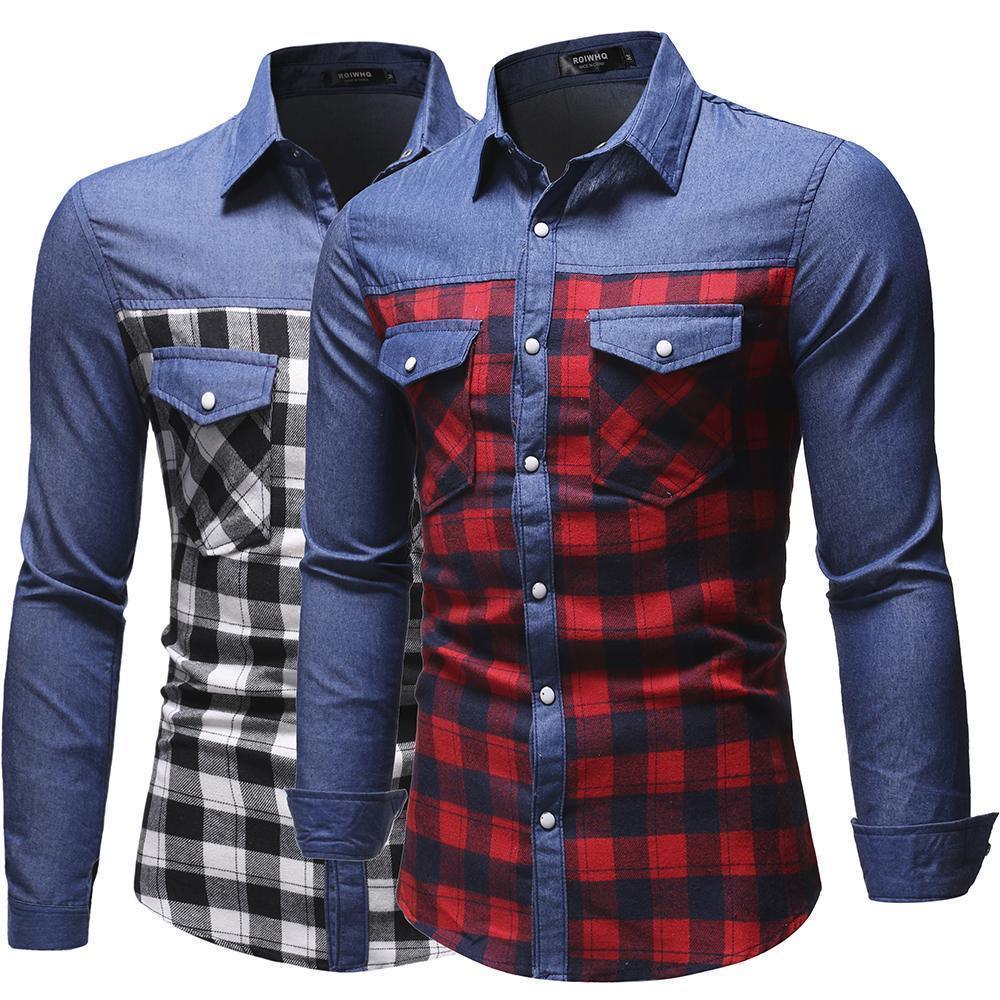 Plaid Casual Denim Shirt For Men, - Denim Shirt - LeStyleParfait