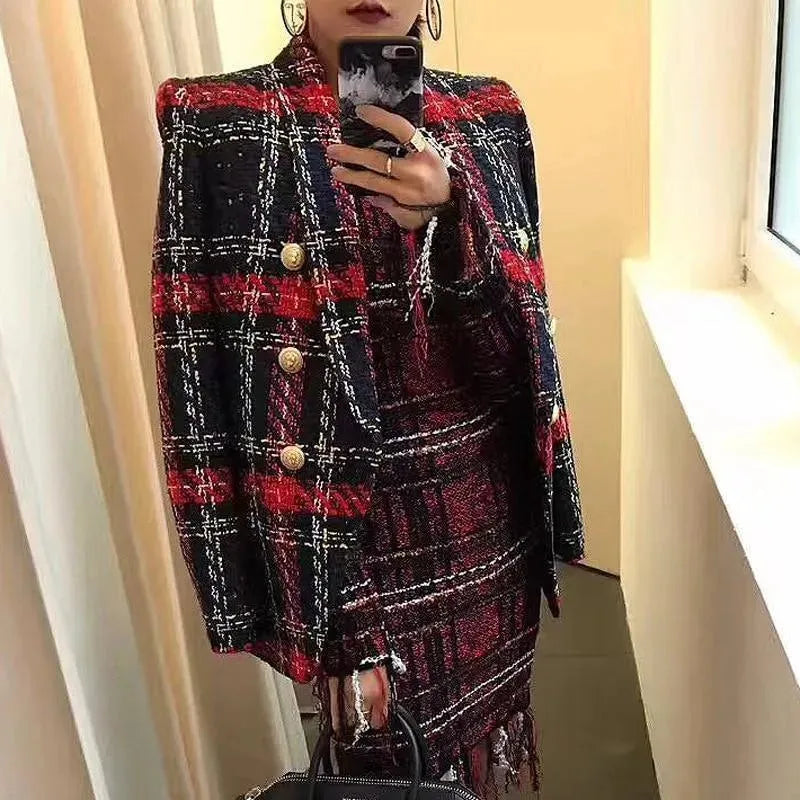 Plaid Tweed Blazer - Double-Breasted Blazer Women - Casual - Plaid - Plaid Blazer - LeStyleParfait