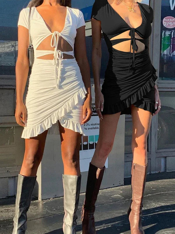 bodycon,bodycon dress,dress,jersey,jersey dress,lace-up,lace-up dress,ladies ruched,mini,mini dress,mini hemline dress,party,party dress,quick drying mini dress,ruched,ruffled,ruffles,sheath,sheath dress,short sleeve,short sleeves dress,solid,solid dress,summer,summer dress,V-neck,v-neck dress,wrinkle resistant-LeStyleParfait