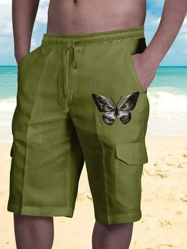 Men Linen Cargo Shorts Cat Print - Shorts - LeStyleParfait