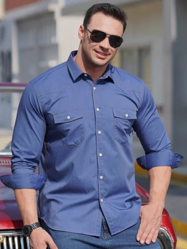 Plus Size Denim Pocket Shirt-Men Shirts-LeStyleParfait