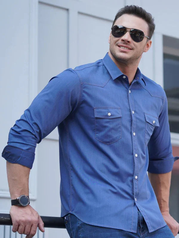 Plus Size Denim Pocket Shirt-Men Shirts-LeStyleParfait