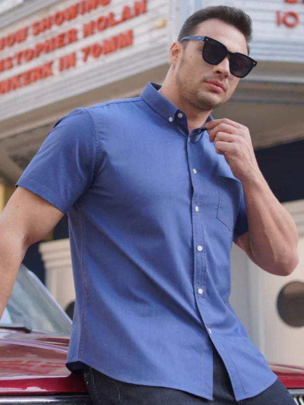 Plus Size Short Sleeve Denim Shirt-Men Shirts-LeStyleParfait