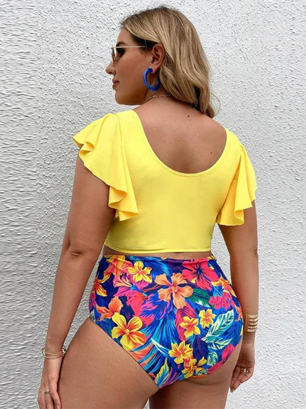 Plus Size Women-Falbala V-Neck Bikini Set fashion image