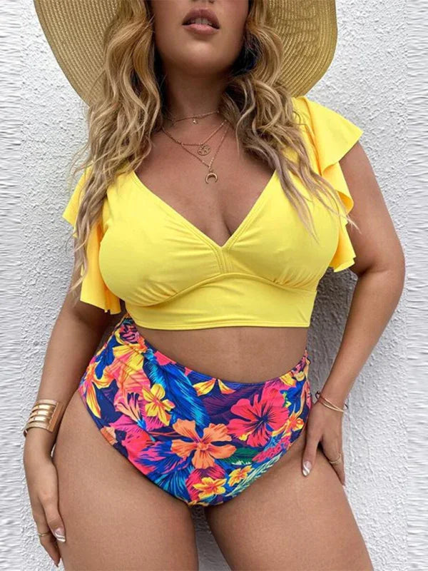 Plus Size Women-Falbala V-Neck Bikini Set fashion image