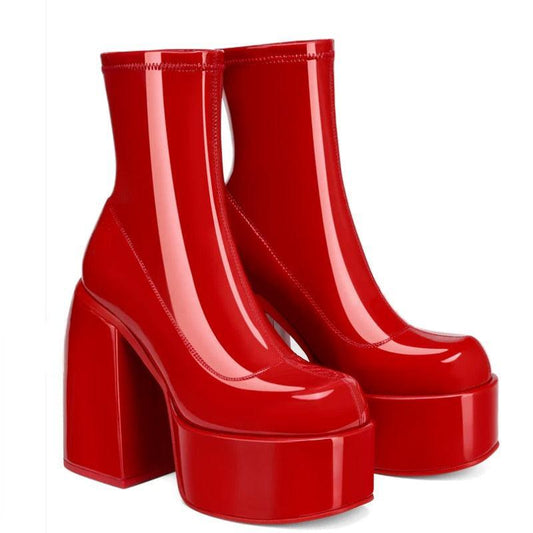 Red Chunky Block Platform Boots - Wedge Shoes - LeStyleParfait