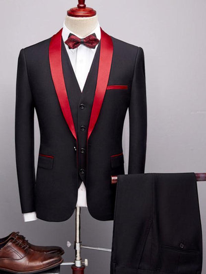 Red Lapel Collar Three Piece Tuxedo Suit - Tuxedo Suit - LeStyleParfait