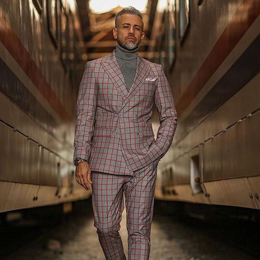 Red Plaid Double-Breasted Two Piece Suit - Plaid Suit - LeStyleParfait
