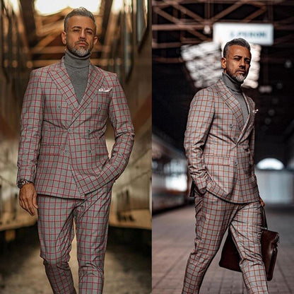 Red Plaid Double-Breasted Two Piece Suit - Plaid Suit - LeStyleParfait