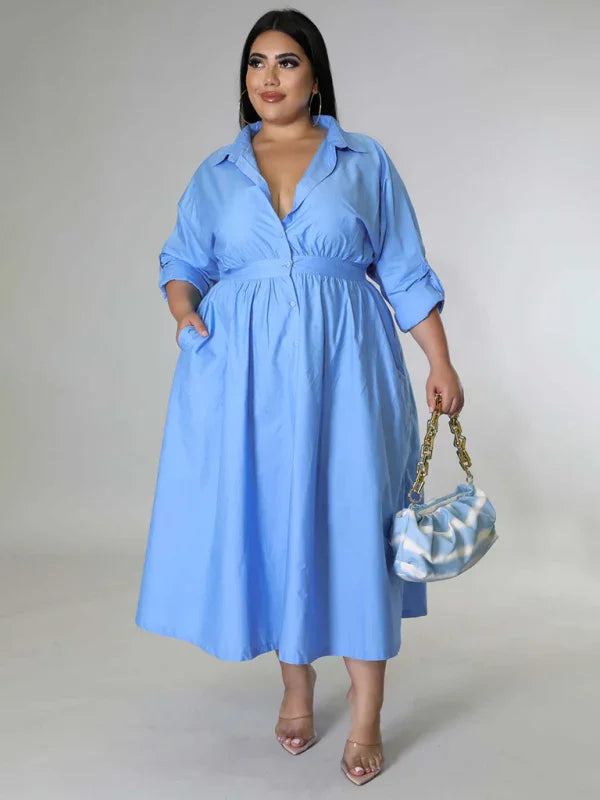 Relaxed Lapel Collar Midi Shirt Dress-Midi Dress-LeStyleParfait