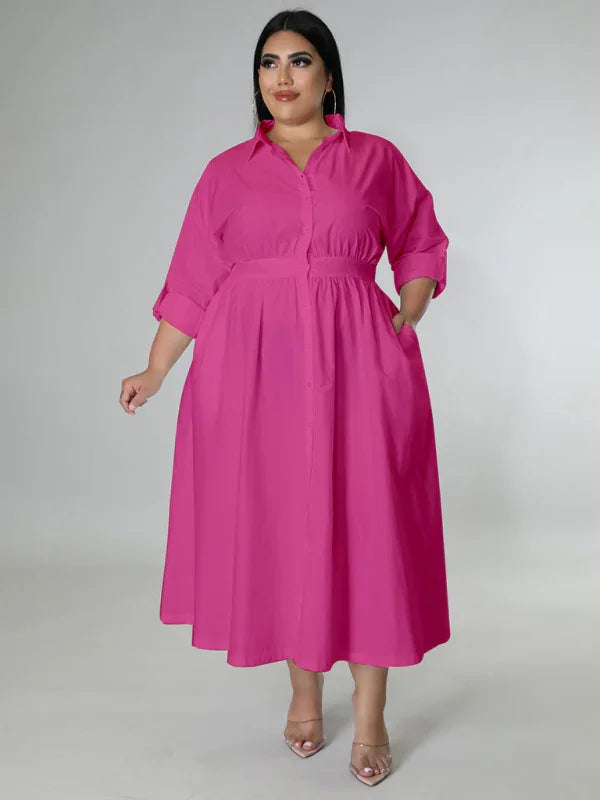 Relaxed Lapel Collar Midi Shirt Dress-Midi Dress-LeStyleParfait