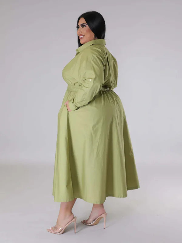 Relaxed Lapel Collar Midi Shirt Dress-Midi Dress-LeStyleParfait fashion image