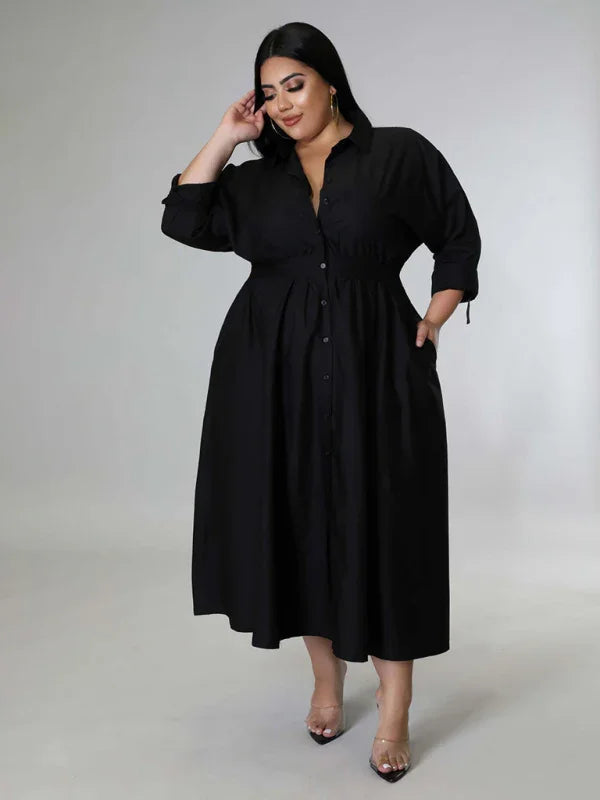 Relaxed Lapel Collar Midi Shirt Dress-Midi Dress-LeStyleParfait