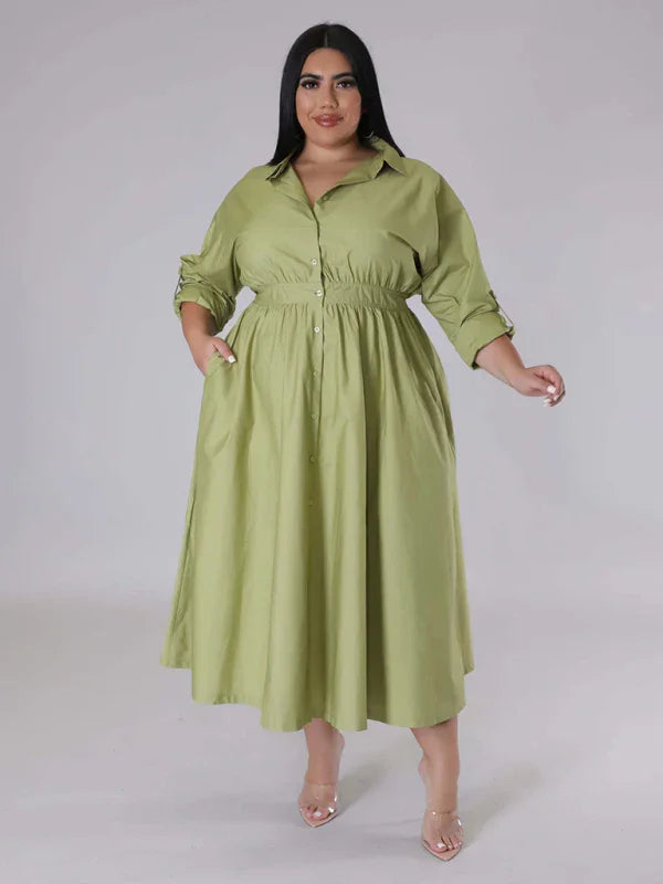 Relaxed Lapel Collar Midi Shirt Dress