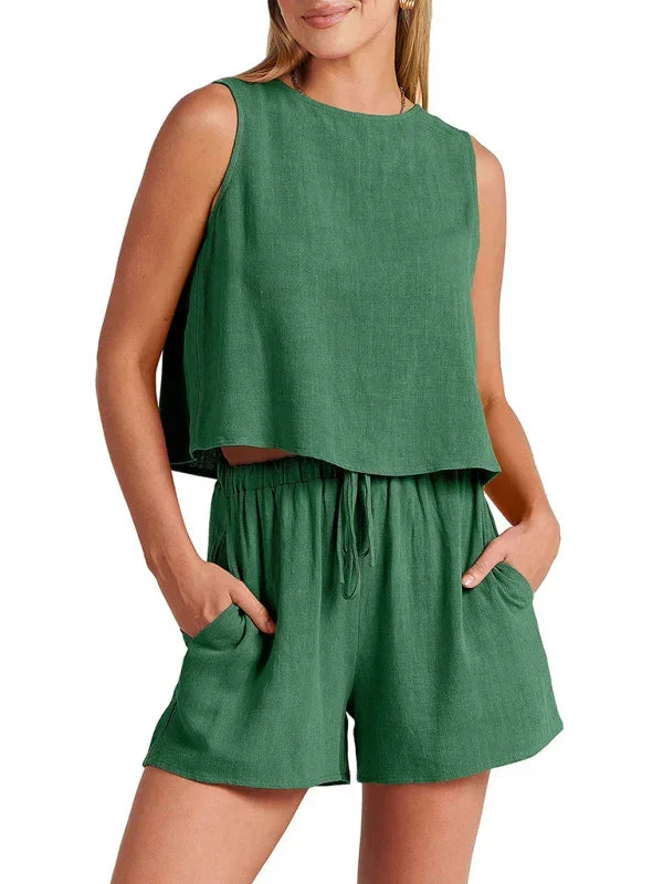 Relaxed Women Casual Linen Two-Piece Shorts Set - Casual Shorts Set - LeStyleParfait fashion image