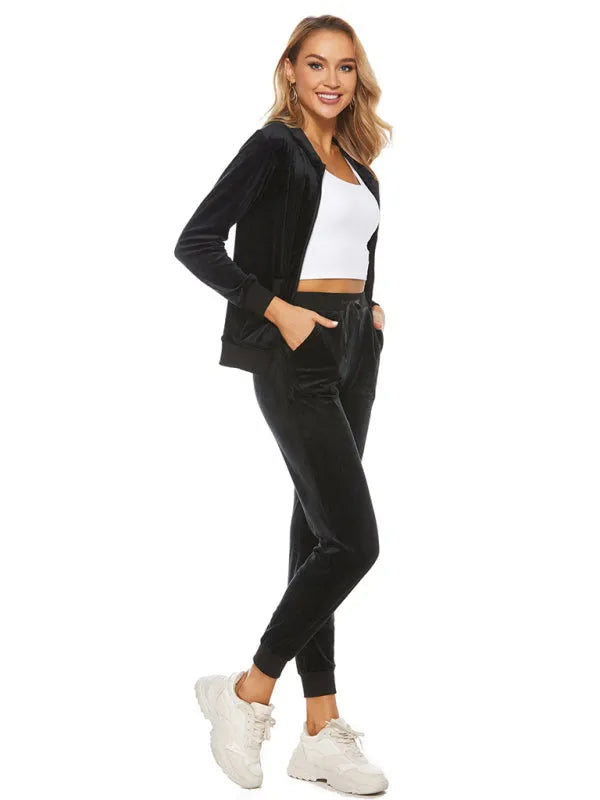 Relaxed Women Casual Velvet Two-Piece Set - Casual Jogger Set - LeStyleParfait