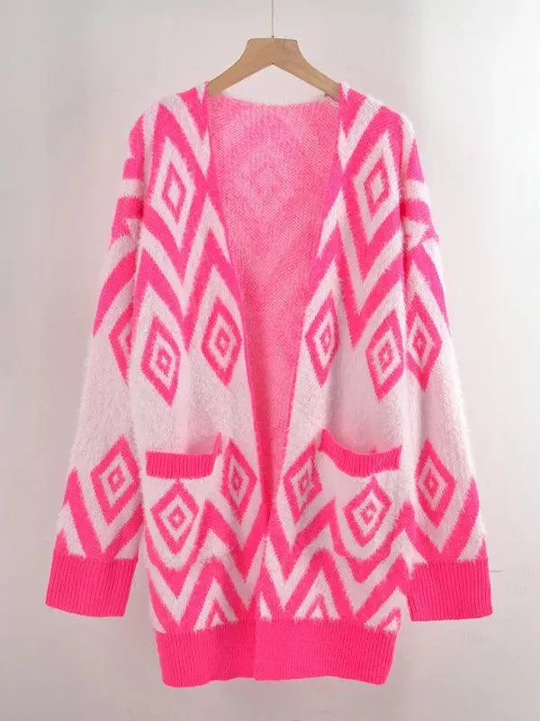 Retro Diamond Mid-Length Cardigan Sweater - Cardigan Sweater - LeStyleParfait