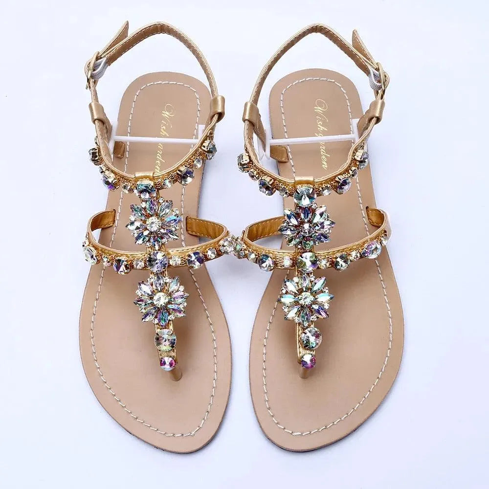 Rhinestones T-Strap Flat Sandals - Sandals - LeStyleParfait
