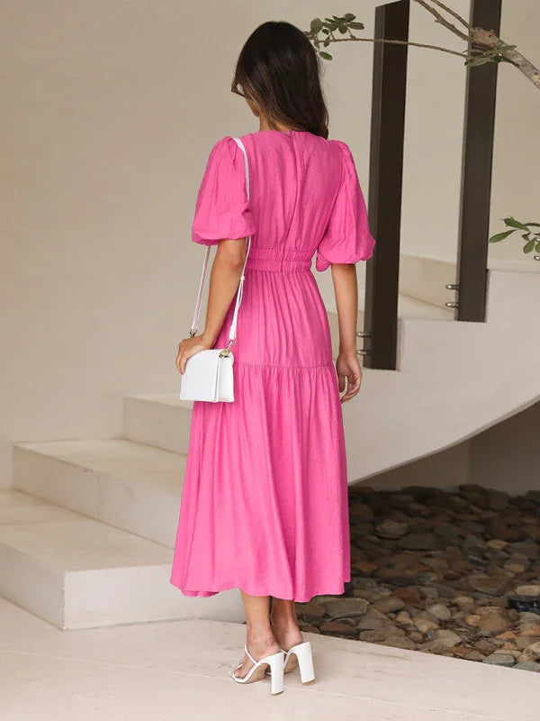 A-line,a-line dress,casual,casual dress,cotton,cotton dress,flowy,flowy dress,flowy hem dress,ladies Wrinkle resistant,maxi,maxi dress,puff sleeve,puff sleeves dress,Quick drying maxi dress,slip-on,slip-on dress,solid,solid dress,straight,summer,summer dress,V-neck,v-neck dress-LeStyleParfait