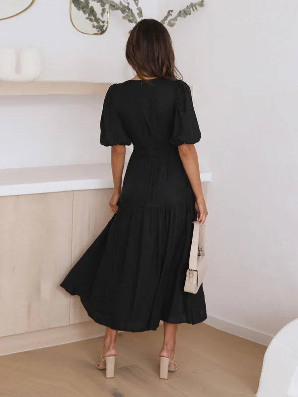A-line,a-line dress,casual,casual dress,cotton,cotton dress,flowy,flowy dress,flowy hem dress,ladies Wrinkle resistant,maxi,maxi dress,puff sleeve,puff sleeves dress,Quick drying maxi dress,slip-on,slip-on dress,solid,solid dress,straight,summer,summer dress,V-neck,v-neck dress-LeStyleParfait