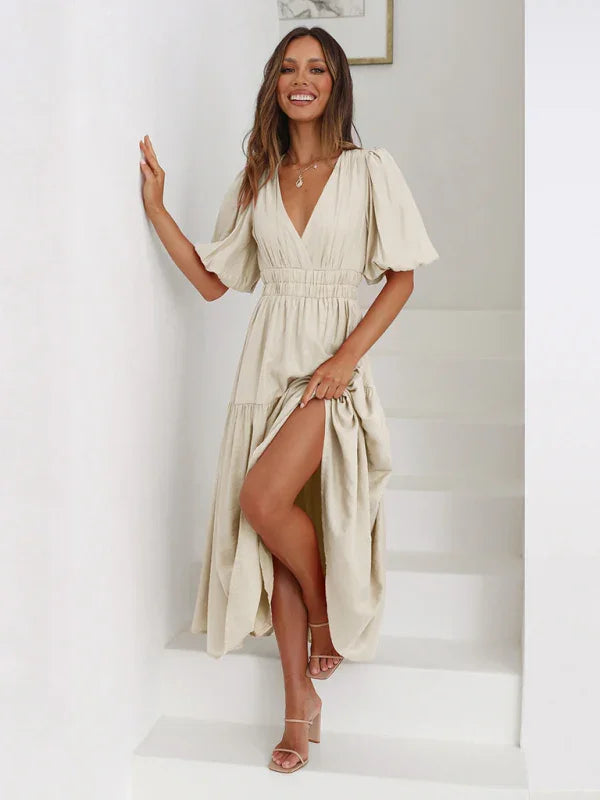 A-line,a-line dress,casual,casual dress,cotton,cotton dress,flowy,flowy dress,flowy hem dress,ladies Wrinkle resistant,maxi,maxi dress,puff sleeve,puff sleeves dress,Quick drying maxi dress,slip-on,slip-on dress,solid,solid dress,straight,summer,summer dress,V-neck,v-neck dress-LeStyleParfait