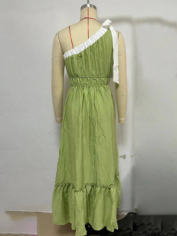 A-line,A-line dress,casual,casual dress,cotton,cotton dress,flared,flared dress,flowy,flowy dress,lace-up dress,ladies Wrinkle resistant,maxi,maxi dress,maxi hem dress,one-shoulder,one-shoulder dress,Quick drying maxi dress,ruffles,sleeveless,sleeveless dress,slip-on,solid,solid dress,straight,summer,summer dress-LeStyleParfait