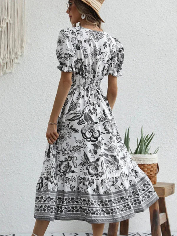 A-line,a-line dress,casual,casual dress,cotton,cotton dress,floral,floral dress,flowy,flowy dress,ladies Wrinkle resistant,maxi,maxi dress,puff sleeve,puff sleeves dress,Quick drying maxi dress,relaxed dress,slip-on,slip-on dress,straight,summer,summer dress,V-neck,v-neck dress-LeStyleParfait