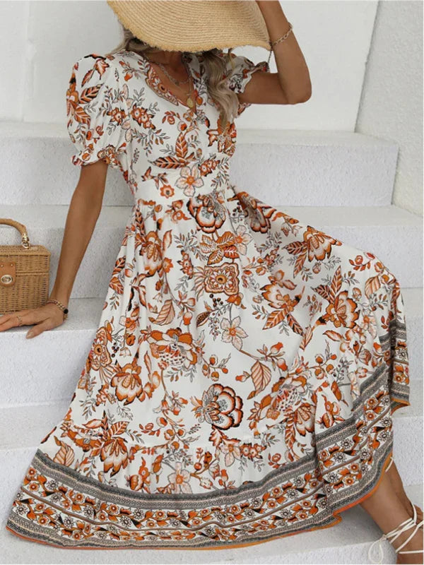 A-line,a-line dress,casual,casual dress,cotton,cotton dress,floral,floral dress,flowy,flowy dress,ladies Wrinkle resistant,maxi,maxi dress,puff sleeve,puff sleeves dress,Quick drying maxi dress,relaxed dress,slip-on,slip-on dress,straight,summer,summer dress,V-neck,v-neck dress-LeStyleParfait