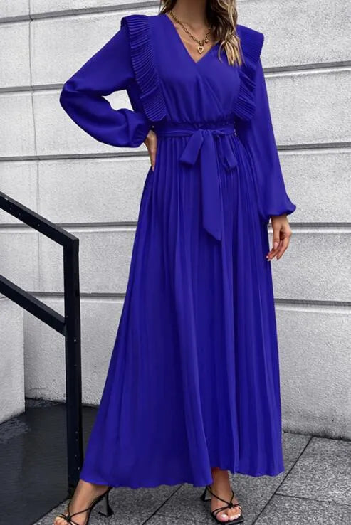 A-line,A-line dress,flowy,flowy dress,ladies Wrinkle resistant,long sleeve,long sleeves dress,maxi,maxi dress,party,party dress,pleated,pleated dress,pleated maxi dress,pleats,polyester,polyester dress,Quick drying maxi dress,solid,solid dress,spring,spring dress,straight,straight hem dress,V-neck,V-neckline dress,wrap tie,wrap tie dress-LeStyleParfait