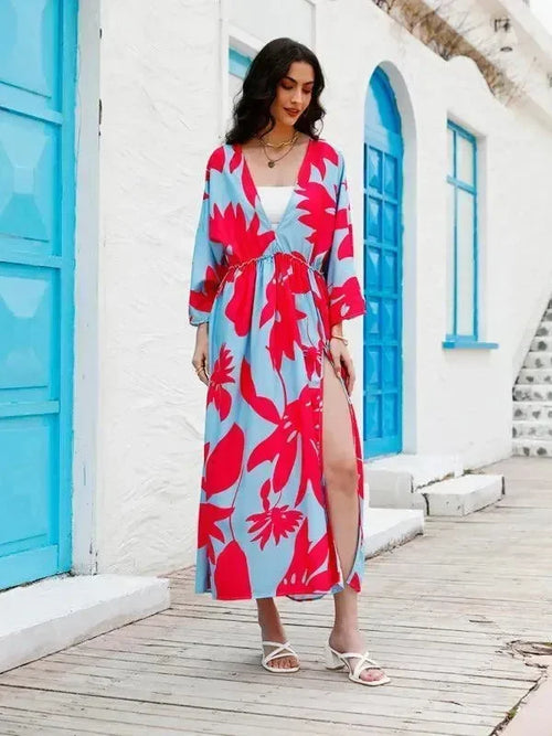 LeStyleParfait Women Dress Maxi Dress Maxi/Long Dress Long Sleeves Floral V-Neck-Maxi Dress