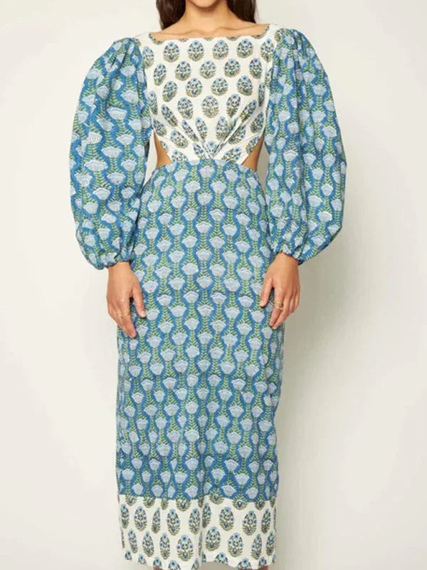 a-line dress,balloon sleeve,boat neck,boat neck dress,cotton,cotton dress,floral,floral dress,ladies Wrinkle resistant,lantern sleeve dress,midi,midi hem dress,open back,party,party dress,Quick drying midi dress,regular,regular dress,sheath,slip-on,slip-on dress,straight,straight dress,summer,summer dress-LeStyleParfait