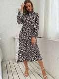 Women Romantic Floral High-Neck Midi Dress - Floral Midi Dress - LeStyleParfait