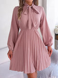 A-line,a-line dress,chiffon,chiffon dress,fall,fall dress,high-neck,high-neck dress,ladies Wrinkle resistant,long sleeve,long sleeves dress,midi,midi dress,midi hem dress,office,office dress,pleated,pleated skirt dress,pleats,Quick drying midi dress,regular,regular fit dress,slip-on,slip-on dress,solid,solid dress,straight-LeStyleParfait