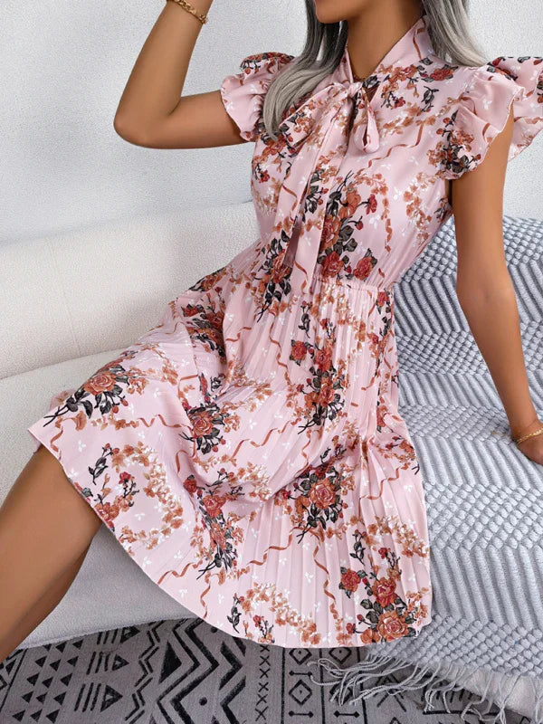 A-line,A-line dress,brunch,brunch dress,chiffon,chiffon dress,floral,floral dress,floral midi dress,flowy,flowy dress,high-neck,high-neck dress,ladies Wrinkle resistant,midi,midi dress,midi hem dress,pleated,pleated dress,puff sleeve,puff sleeves dress,Quick drying midi dress,ruffles,slip-on,slip-on dress,spring,spring dress,straight-LeStyleParfait